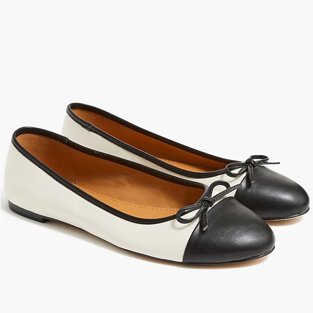 J. Crew women’s 8.5 Zoe cap toe black white flats ballet leather chic round